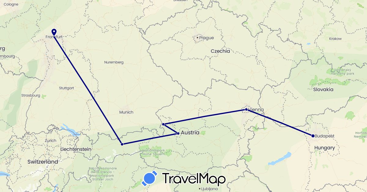 TravelMap itinerary: driving in Austria, Germany, Hungary (Europe)